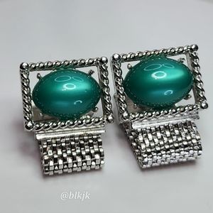 Vintage SWANK Cufflinks *Teal/Silver* EUC